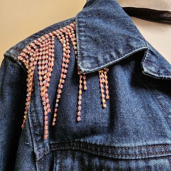 Upcycled Custom Jean Jacket Size 10 With Pink Rhinestone Fringe - Picture 4 of 8